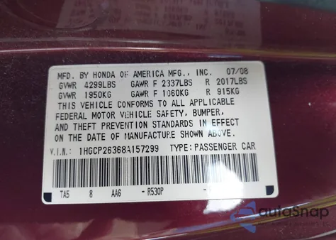 2008 Honda Accord Lx из США, поврежденный, VIN 1HGCP26368A157299